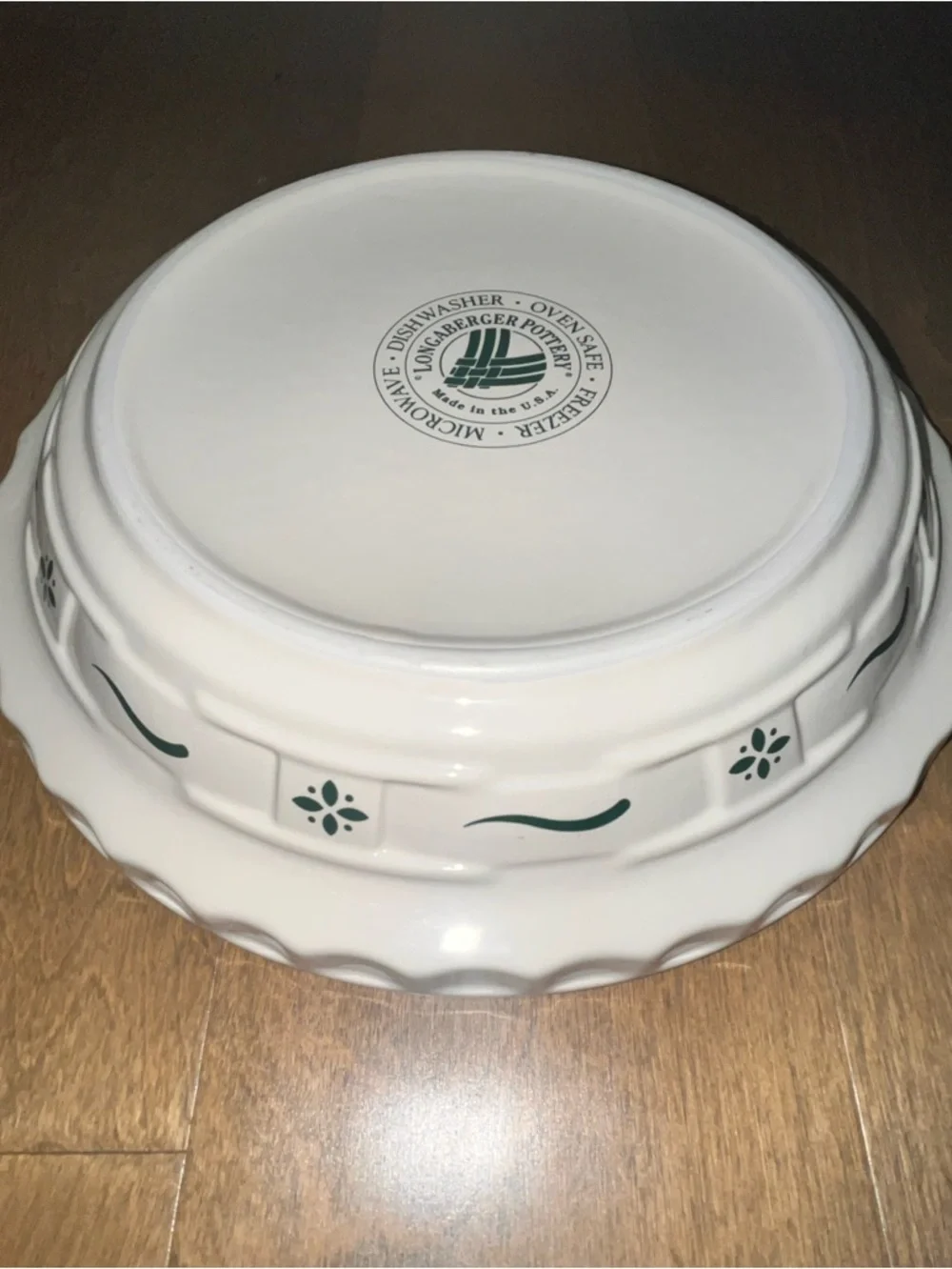 Longaberger Pottery Woven Traditions Baking Plate Pie Dish Ivory and Green 10”